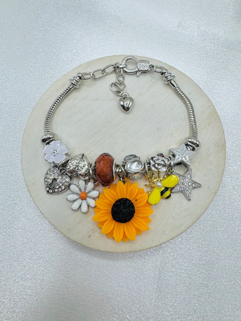 Sunflower & Bee Charm Bracelet – Silver Tone Floral Charm Bracelet - Picture 4 of 5